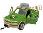 Un camion jouet vert sur le thème des dinosaures, avec un crochet de remorquage et une échelle sur le toit.