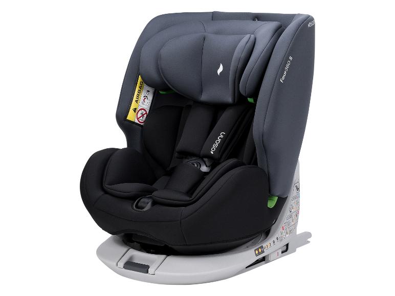 Siège auto enfant gris foncé et noir avec harnais cinq points et appui-tête.