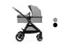 Poussette bébé grise et noire avec nacelle et siège.