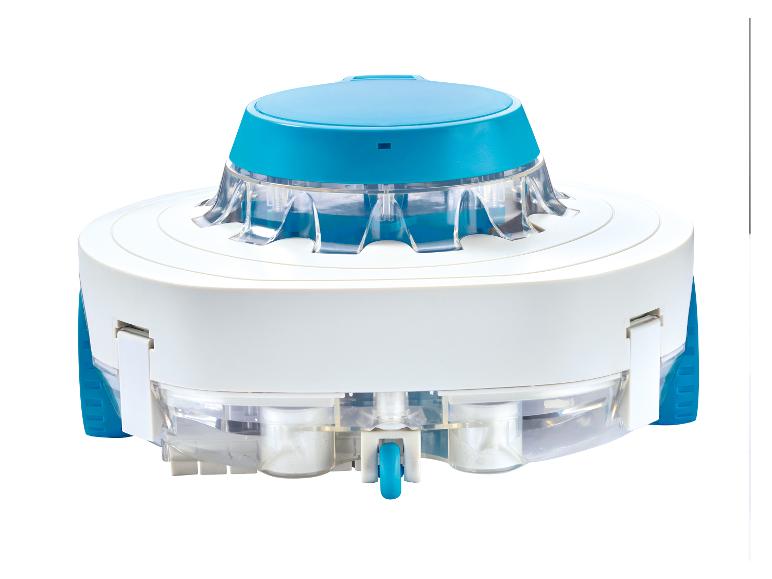 Automatische zwembadreiniger met wielen en transparant filter.