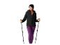 Femme en veste noire et legging violet avec bâtons de randonnée.