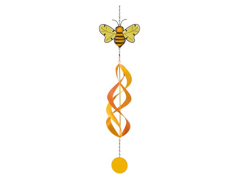 Bijen-windspinner met gele en oranje spiraalelementen en een ronde schijf.