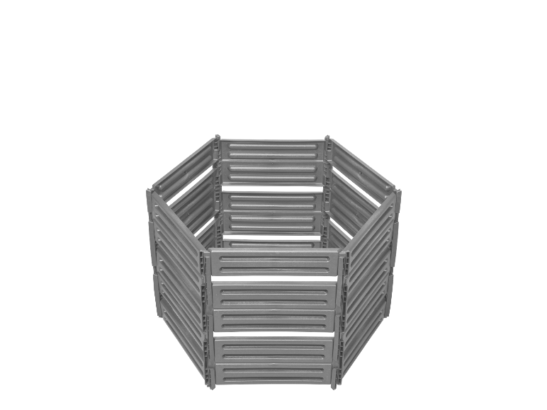 Compostage hexagonal en plastique noir, prêt à assembler.