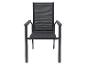 Chaise de jardin gris foncé avec accoudoirs et dossier en maille.