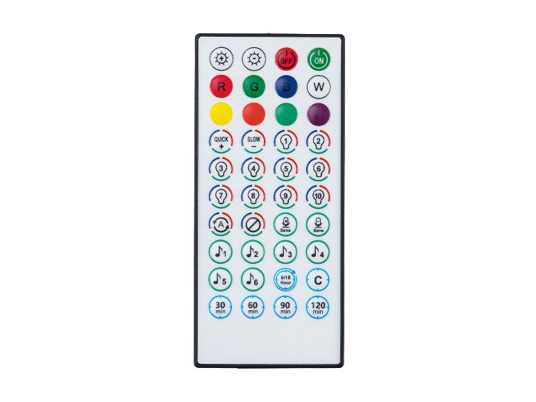 Télécommande blanche avec boutons colorés pour le contrôle de la lumière et de la minuterie.