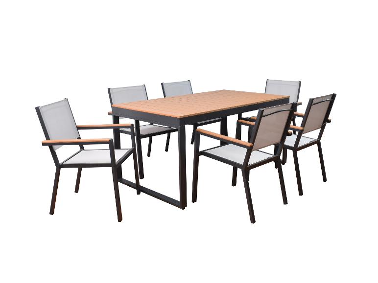 Tuineetset met een rechthoekige tafel en zes stoelen met armleuningen.