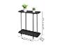 Zwart metalen tweelaags rek met twee potplanten, met afmetingen aangegeven.
