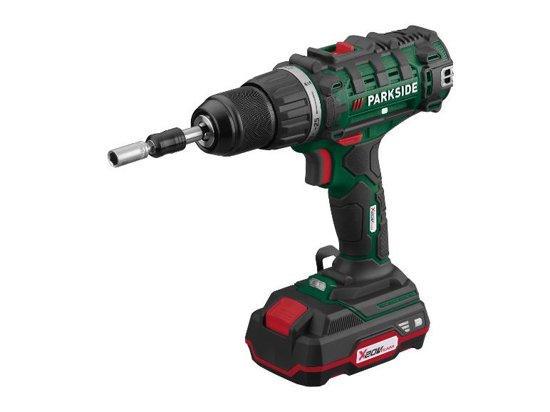 Een groene Parkside X20V Team accuboormachine met een bit.