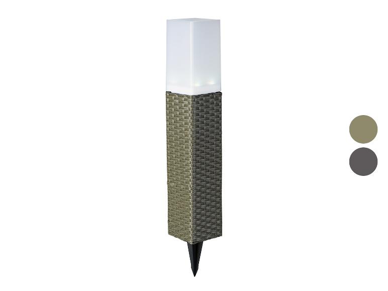 Lampe solaire de jardin en rotin avec piquet, disponible en gris et marron.