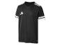 T-shirt de sport Adidas noir avec trois bandes blanches sur les épaules et les manches.