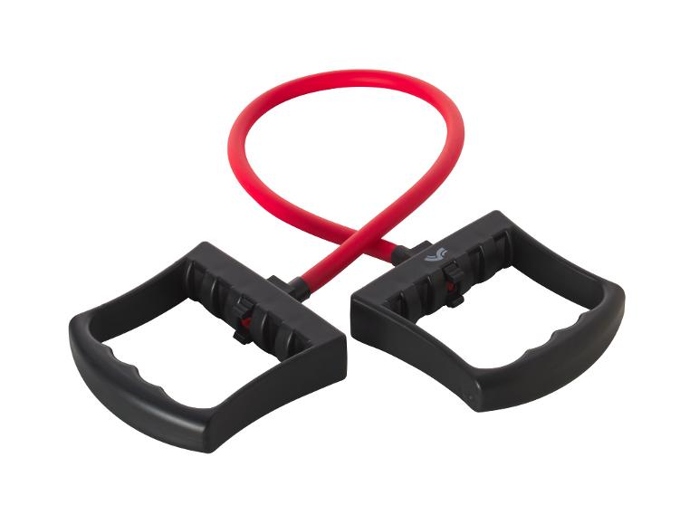 Een rode fitness elastiek met twee handvatten.