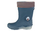 Bottes de pluie bleues avec des rayures orange et un pingouin.