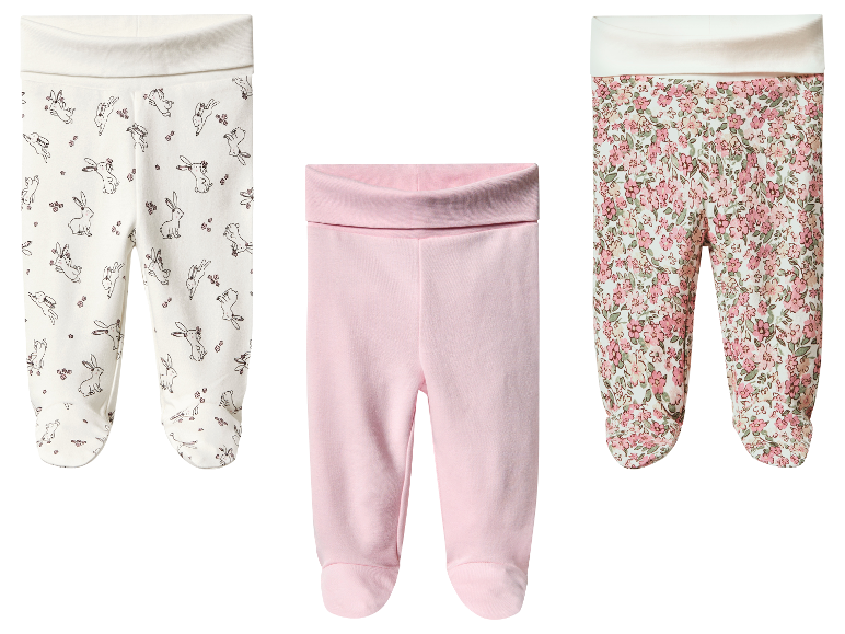 Drie baby leggings: konijntjes, roze en bloemenprint.
