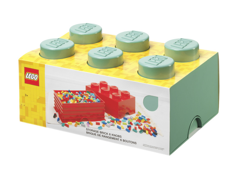 Lego-opbergdoos in de vorm van een groene Lego-steen met 6 compartimenten.
