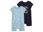Twee baby-rompers met korte mouwen, een met zonnenprint en de andere met 'Let it shine' tekst