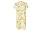 Kort linnen jurkje met abstract mosterdgeel patroon.