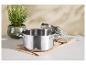 Roestvrijstalen pan met deksel en rozemarijnplant in pot op een tafel.