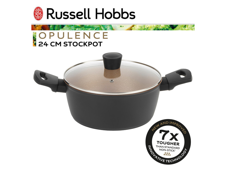 Une casserole noire Russell Hobbs Opulence de 24 cm avec couvercle.