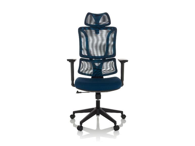Blauwe bureaustoel met mesh rugleuning en hoofdsteun op een witte achtergrond.