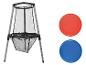 Ensemble de jeu avec filet de cible et deux frisbees rouges et bleus.