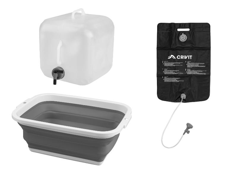 Waterkan met kraan, opvouwbare teil en draagbare campingdouche.