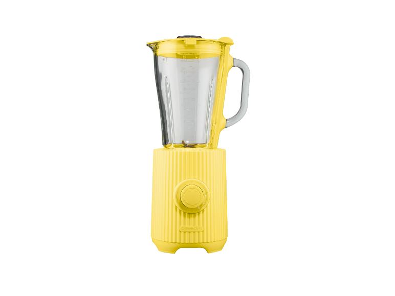 Gele Silvercrest blender met een doorzichtige kan en een bedieningsknop.