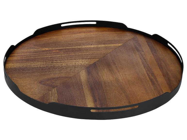 Plateau rond en bois avec bordure et poignées en métal noir