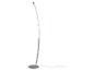 Lampadaire LED moderne avec base ronde et tige incurvée en métal argenté.
