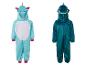 Een blauwe eenhoorn en een groene haaien onesie.