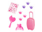Roze koffer, haarborstel, kam en stickers met kroontjes.