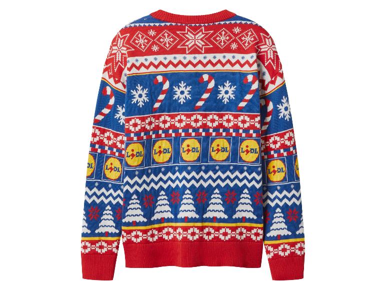 Lidl kersttrui, rood en blauw, met sneeuwvlokken, zuurstokken en kerstboompatronen.