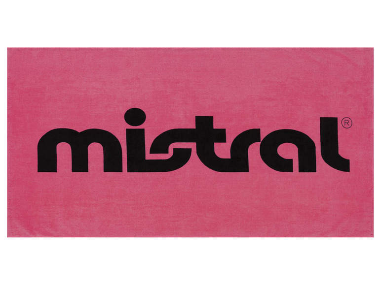 Une serviette rose avec le logo Mistral.