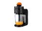 Presse-agrumes électrique noir avec un verre de jus d'orange et une demi-orange