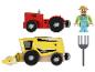 Een rode tractor, een gele combine en een boerenfiguur.