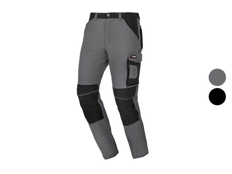 Pantalon de travail gris et noir avec poches latérales et genoux renforcés.