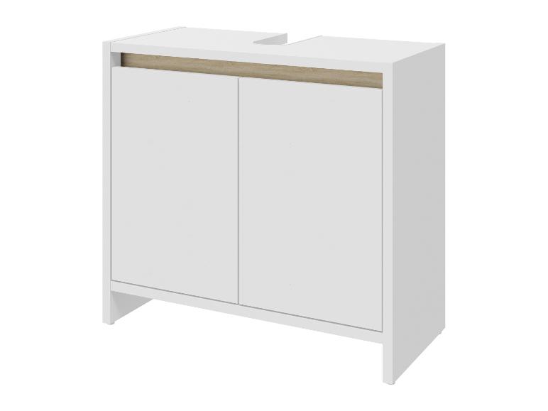 Meuble de salle de bain blanc avec deux portes et étagère en bois.