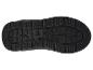 Semelle noire d'une chaussure avec motif de bande de roulement et détails de taille.