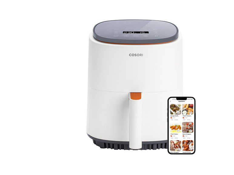 Une friteuse à air Cosori blanche avec un smartphone affichant une recette d'apéritifs pour friteuse à air.