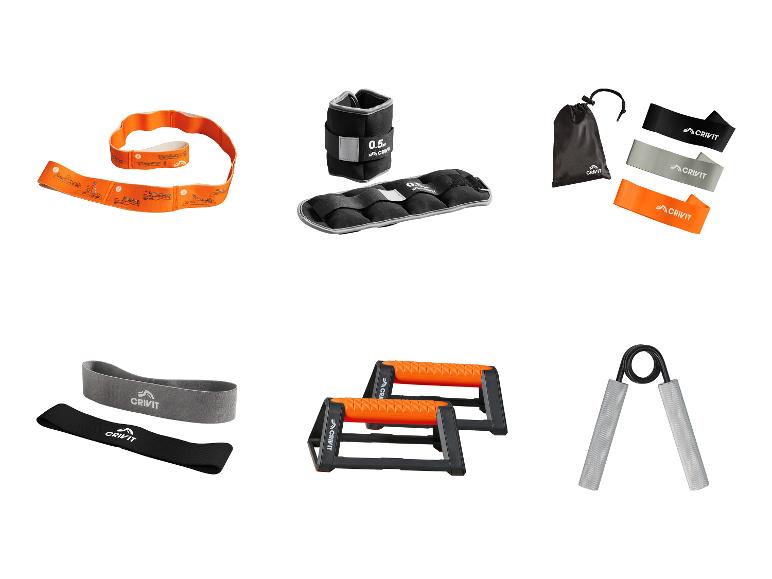 Crivit fitnessaccessoires: rekband, enkelgewichten, weerstandsbanden, push-up bars, handknijper