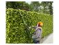 Homme taillant une haie avec un taille-haie sur perche Parkside, portant un casque et des protections auditives.