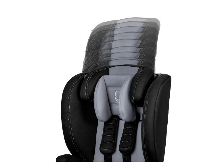 Siège auto enfant noir et gris avec appui-tête réglable.