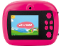 Roze digitale kindercamera met scherm dat een welkomstbericht en een kleurrijk landschap toont
