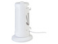 Een witte, elektrische ventilator met een ronde basis.