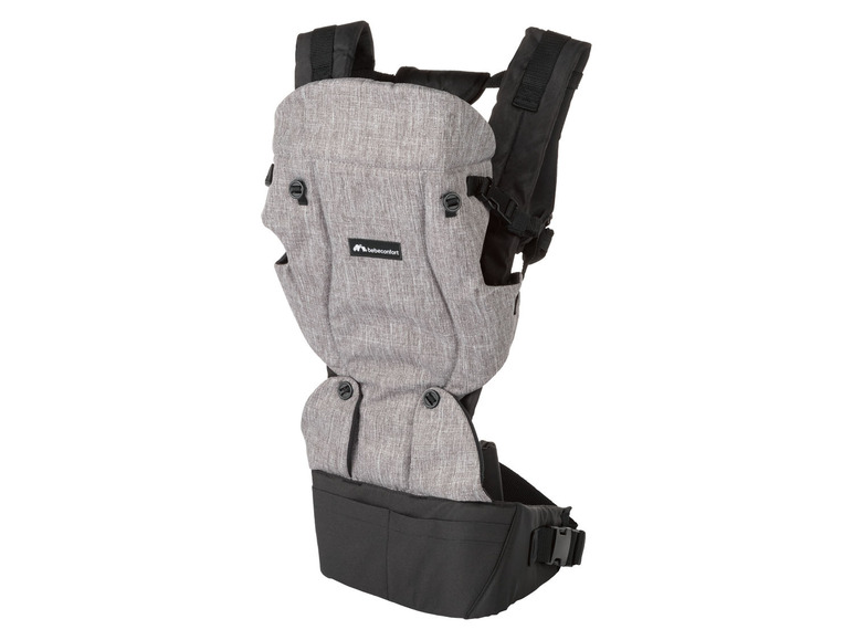 Un porte-bébé gris de la marque BabyBjörn.