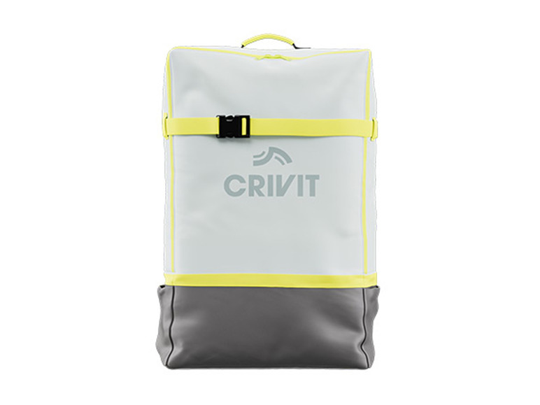 Een grijze en gele sporttas van Crivit.