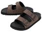 Bruine sandalen met twee bandjes en zwarte gespen, zwarte zool.
