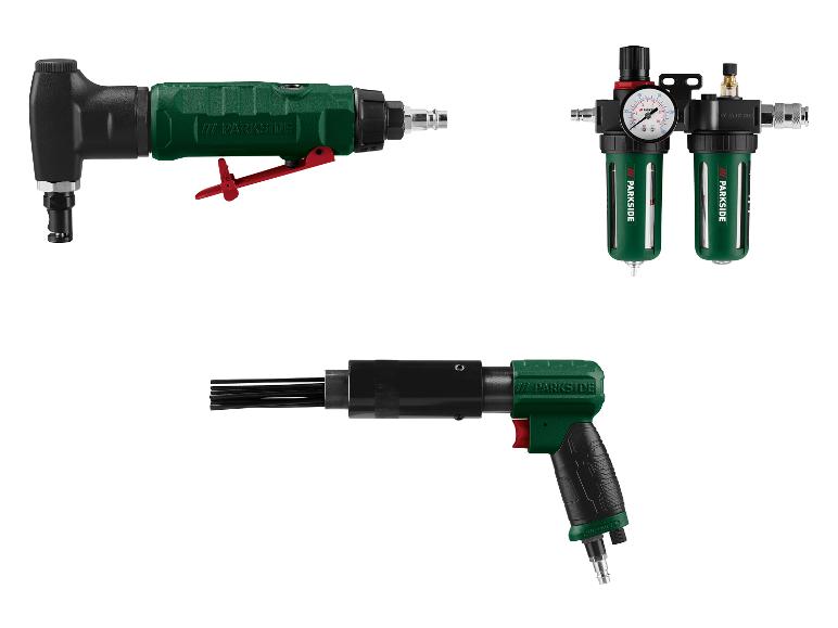 Trois outils Parkside verts : une fraiseuse pneumatique, un filtre à air et un marteau pneumatique.