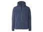 Een donkerblauwe jas met capuchon.