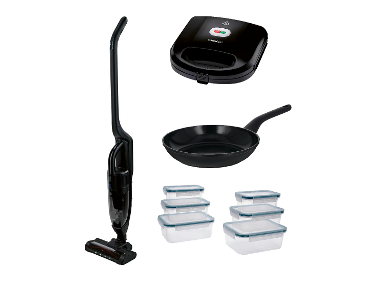SILVERCREST® Student Pack: aspirateur 2 en 1, appareil croque-monsieur, poêle en fonte d'alu & 6 boîtes de conservation