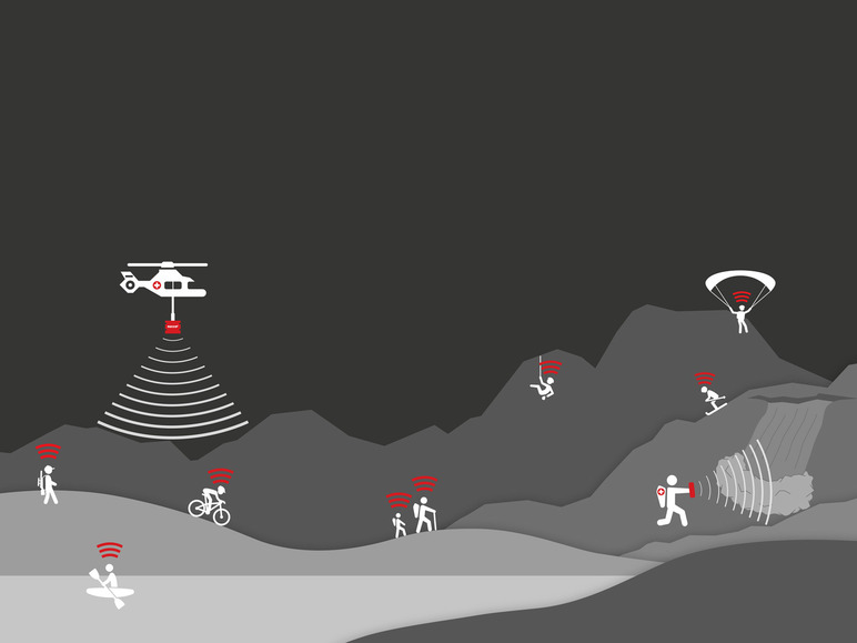 Helikopter met Recco-apparaat zoekt naar mensen in de bergen.